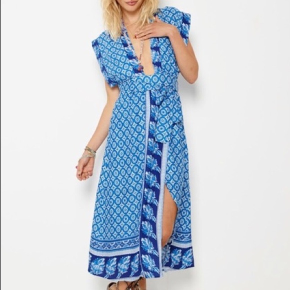 MINKPINK Blue Floral Kimono Faux Wrap Maxi Dress